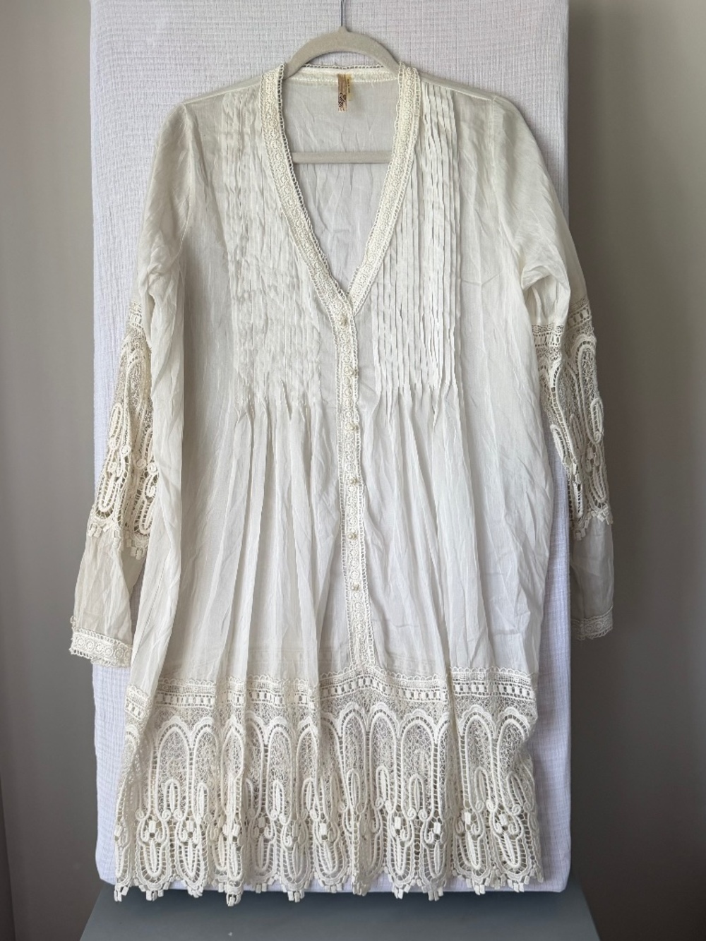 Silk Fairy Lace Tunic Dress M Pintuck Cottage Cotton/Silk White Sheer Boho Beach